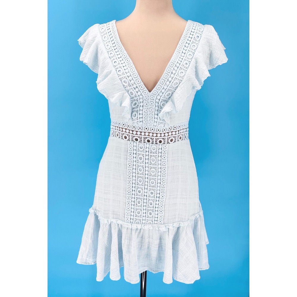 Jun & Ivy Lt Blue Crochet Lace Ruffle Deep V Mini Dress S Cotton Gauze Coastal